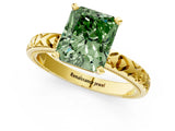 Yellow gold Fancy Green Radiant  Solitaire Diamond Engagement Ring with XO Engraved Band and Four-Prong Setting 2