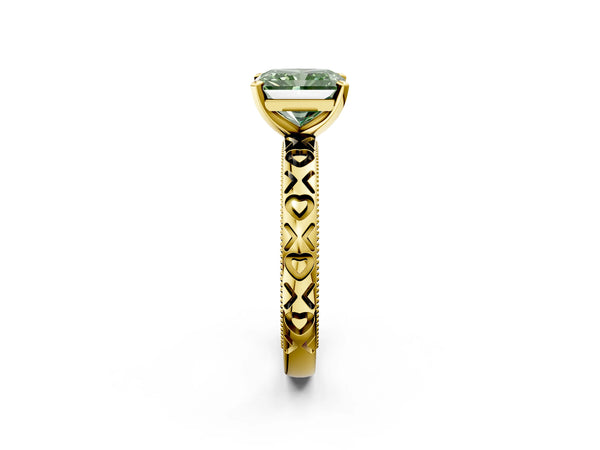 Yellow gold Fancy Green Radiant  Solitaire Diamond Engagement Ring with XO Engraved Band and Four-Prong Setting
