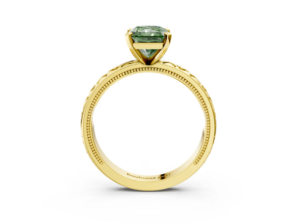 Yellow gold Fancy Green Radiant  Solitaire Diamond Engagement Ring with XO Engraved Band and Four-Prong Setting