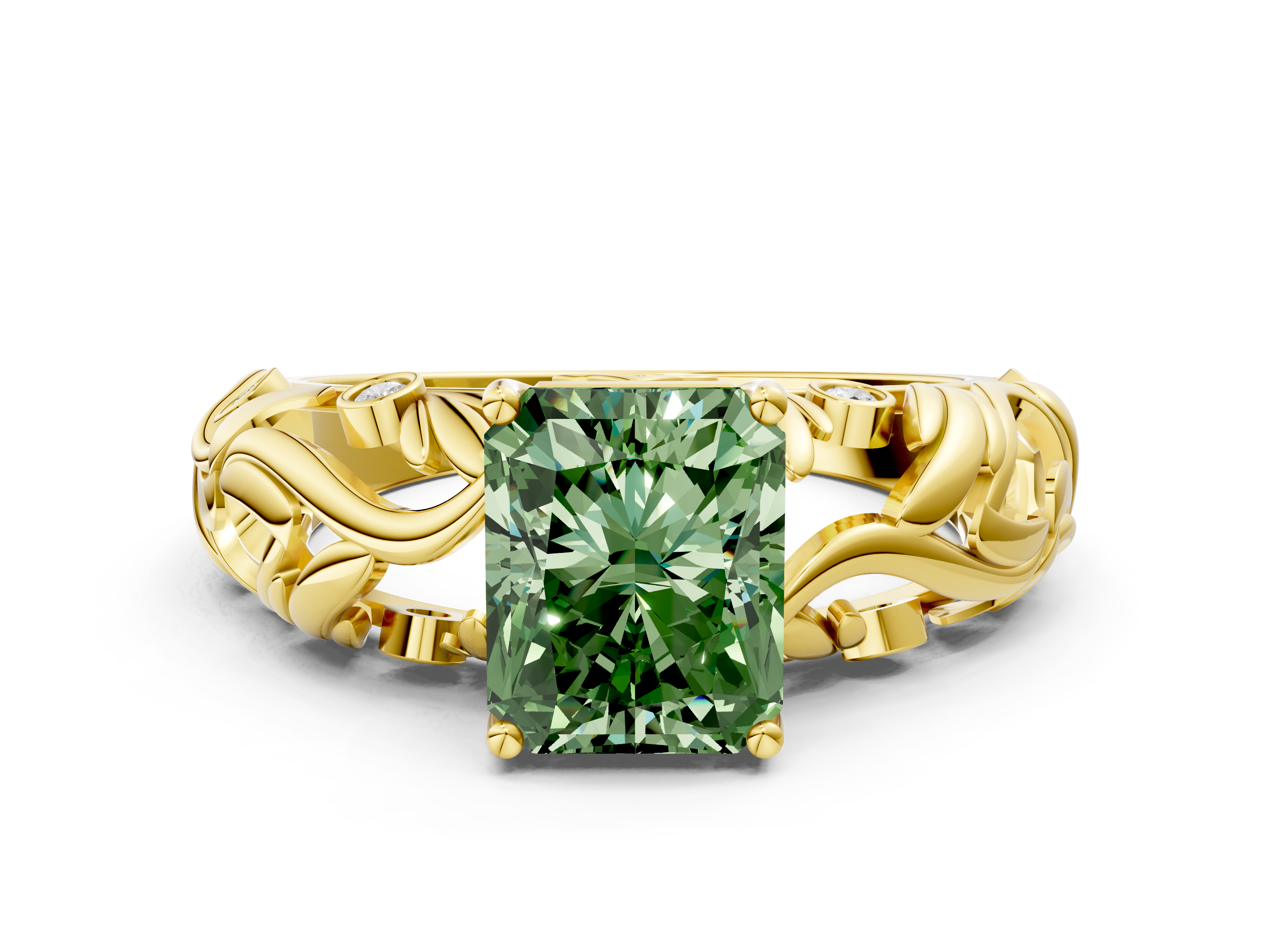 Yellow gold Fancy Green Radiant  Solitaire Diamond Leaf Vine Band with Prong Setting_48