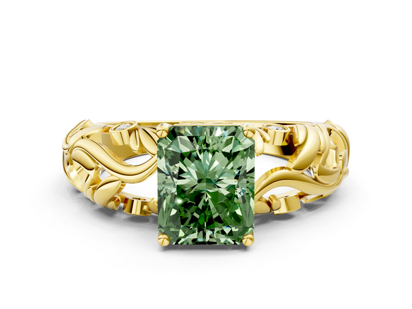 Yellow gold Fancy Green Radiant Cut Solitaire Diamond Leaf-Inspired Vine Band Ring with Prong Setting