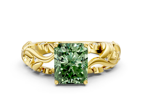 Yellow gold Fancy Green Radiant  Solitaire Diamond Leaf Vine Band with Prong Setting_48