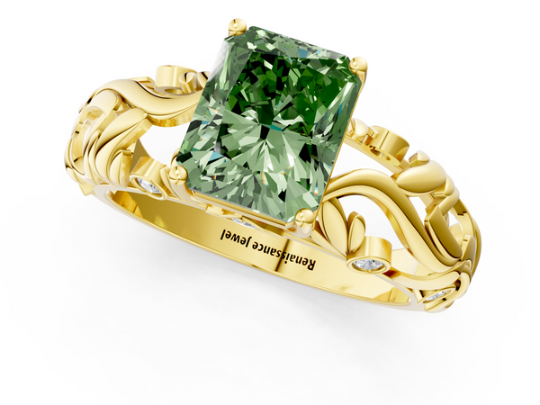 Yellow gold Fancy Green Radiant Cut Solitaire Diamond Leaf-Inspired Vine Band Ring with Prong Setting