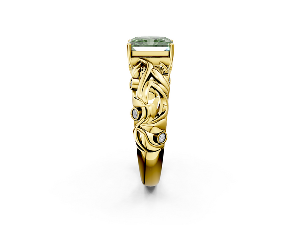 Yellow gold Fancy Green Radiant Cut Solitaire Diamond Leaf-Inspired Vine Band Ring with Prong Setting