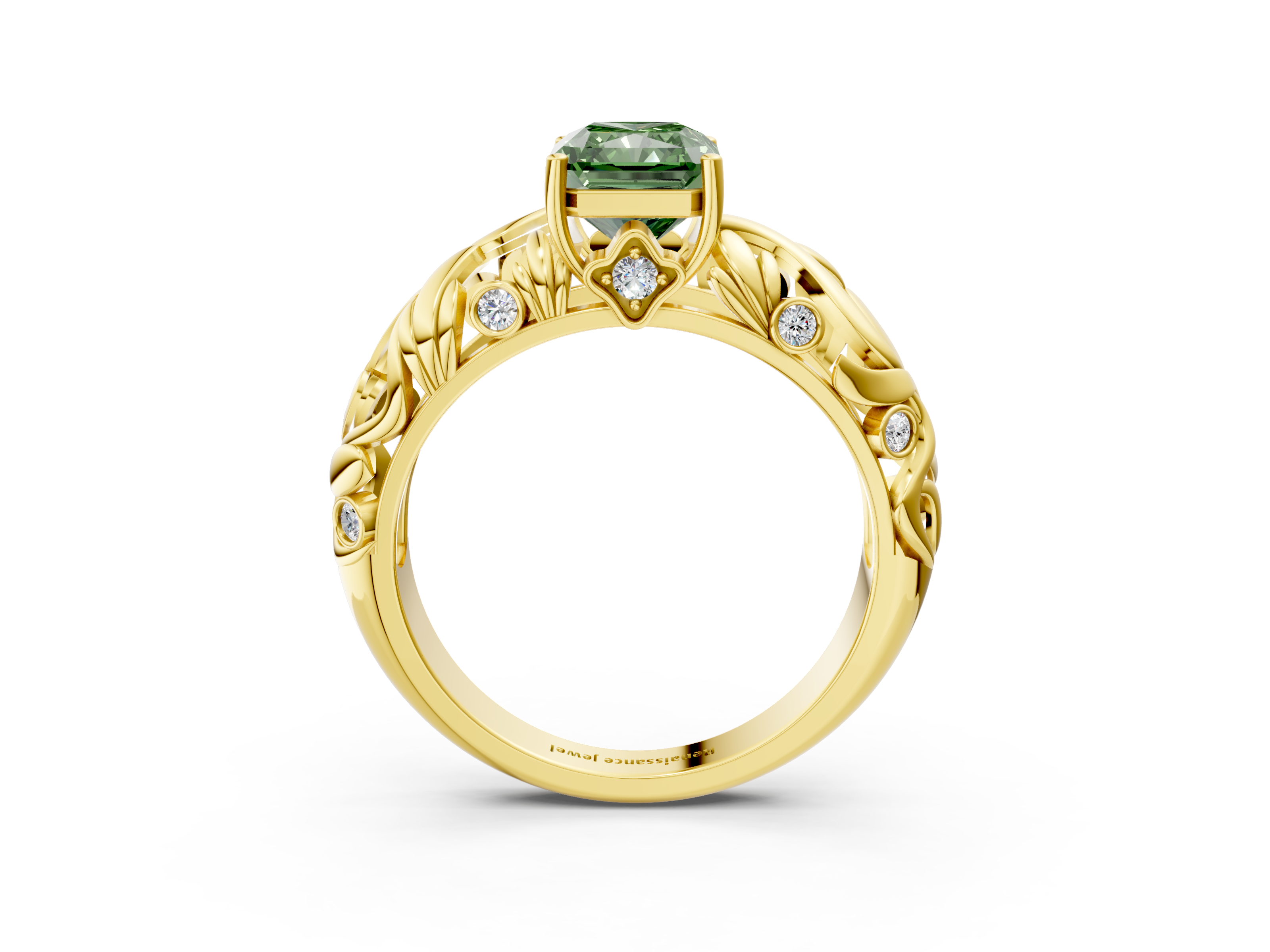 Yellow gold Fancy Green Radiant  Solitaire Diamond Leaf Vine Band with Prong Setting_51