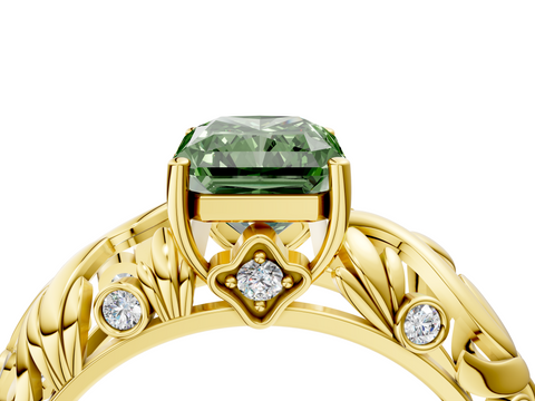 Yellow gold Fancy Green Radiant  Solitaire Diamond Leaf Vine Band with Prong Setting_52