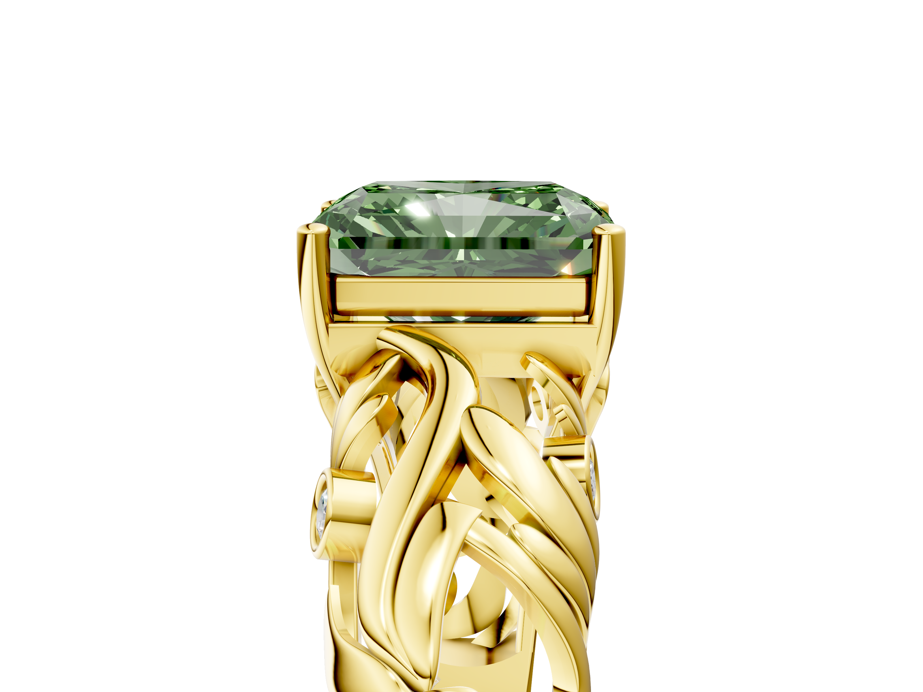 Yellow gold Fancy Green Radiant  Solitaire Diamond Leaf Vine Band with Prong Setting_53