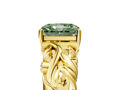 Yellow gold Fancy Green Radiant  Solitaire Diamond Leaf Vine Band with Prong Setting_53