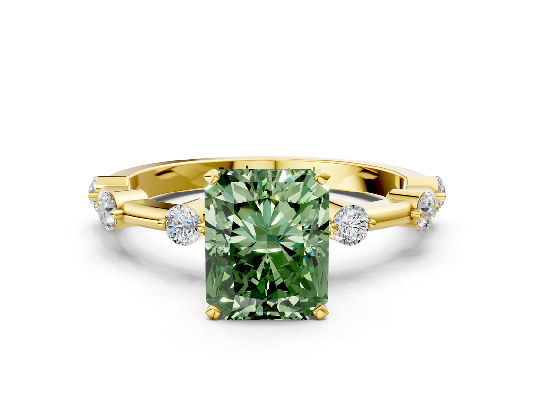 Yellow gold Fancy Green Radiant  Solitaire Diamond Ring with Bezel Set Side Stones and Prong Setting_3