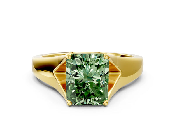 Yellow gold Fancy Green Radiant  Solitaire Diamond Ring with Cathedral Band and Four-Prong Setting