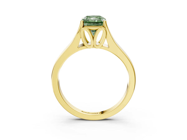 Yellow gold Fancy Green Radiant  Solitaire Diamond Ring with Cathedral Band and Four-Prong Setting