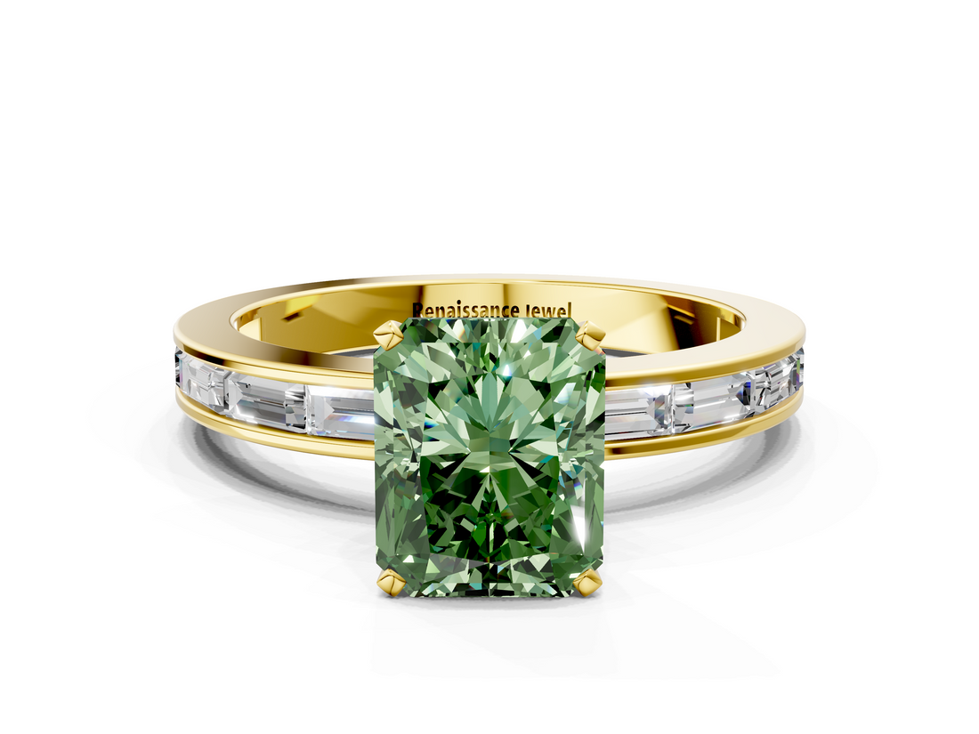 Yellow gold Fancy Green Radiant  Solitaire Diamond Ring with Channel-Set Baguette Band and Four-Prong Setting_115