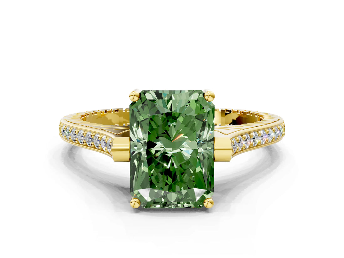 Yellow gold Fancy Green Radiant  Solitaire Diamond Ring with Channel Set Band and Bezel Prong Setting_56