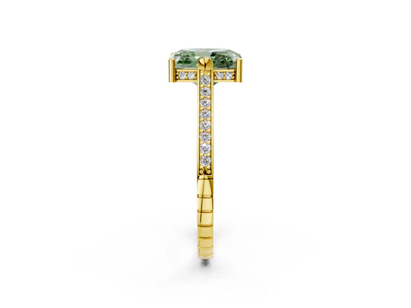 Yellow gold Fancy Green Radiant  Solitaire Diamond Ring with Channel Set Band and Bezel Prong Setting