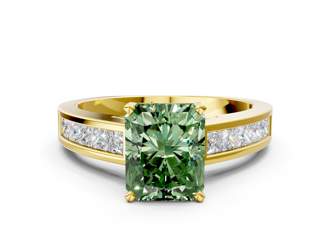 Yellow gold Fancy Green Radiant  Solitaire Diamond Ring with Channel-Set Band and Four-Prong Setting_3