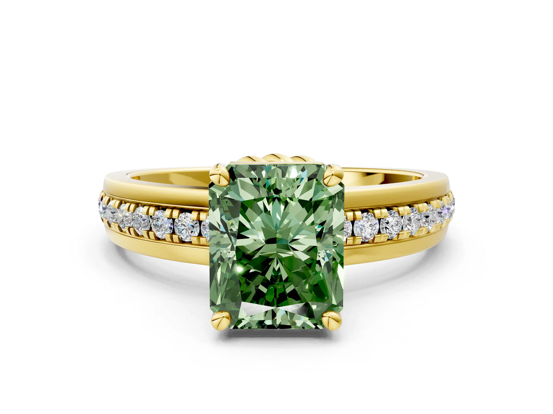 Yellow gold Fancy Green Radiant  Solitaire Diamond Ring with Channel Set Band and Six-Prong Setting_48