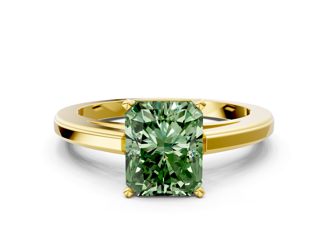 Yellow gold Fancy Green Radiant  Solitaire Diamond Ring with Four-Prong Setting and Classic Band_3