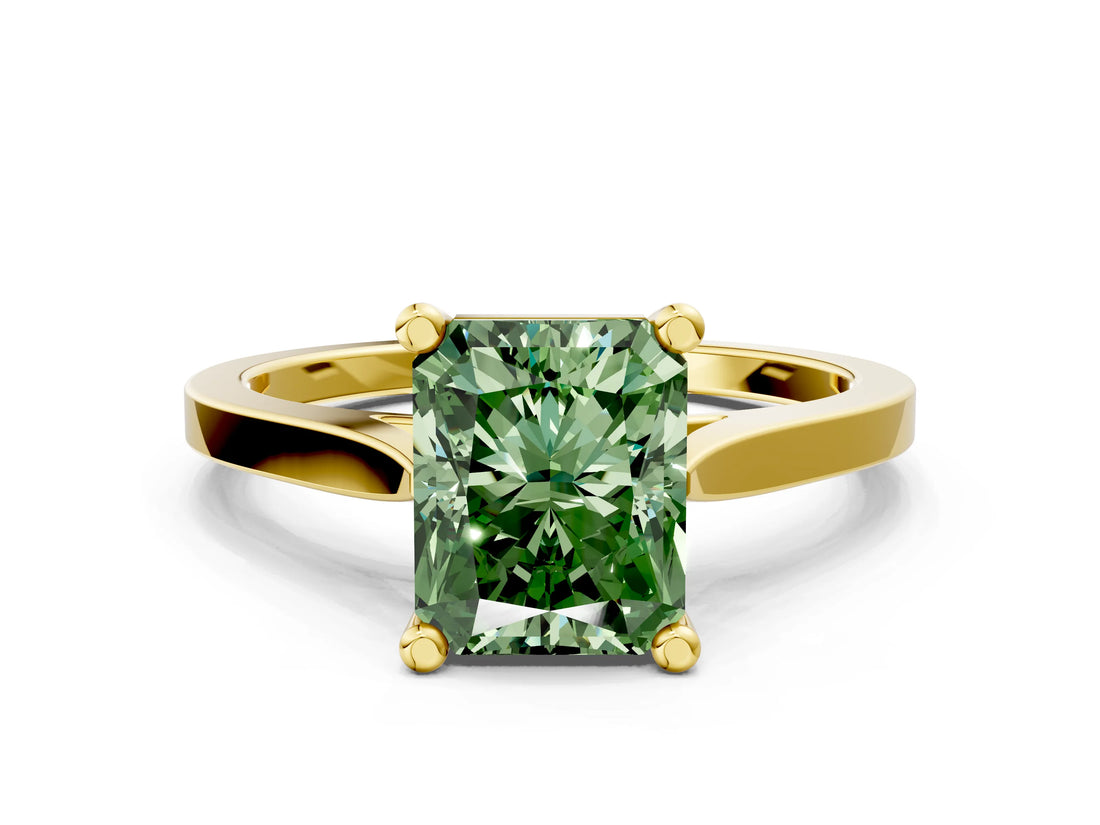 Yellow gold Fancy Green Radiant  Solitaire Diamond Ring with Four-Prong Setting and Tapered Band 1