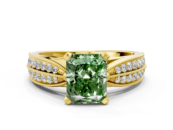 Yellow gold Fancy Green Radiant  Solitaire Diamond Ring with Milgrain Pavé Band and Four-Prong Setting