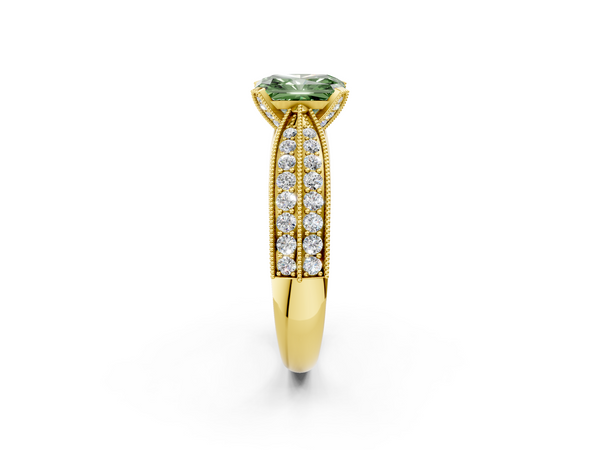 Yellow gold Fancy Green Radiant  Solitaire Diamond Ring with Milgrain Pavé Band and Four-Prong Setting