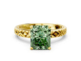 Yellow gold Fancy Green Radiant  Solitaire Diamond Ring with Milgrain and Black Enamel X Pattern Band_195