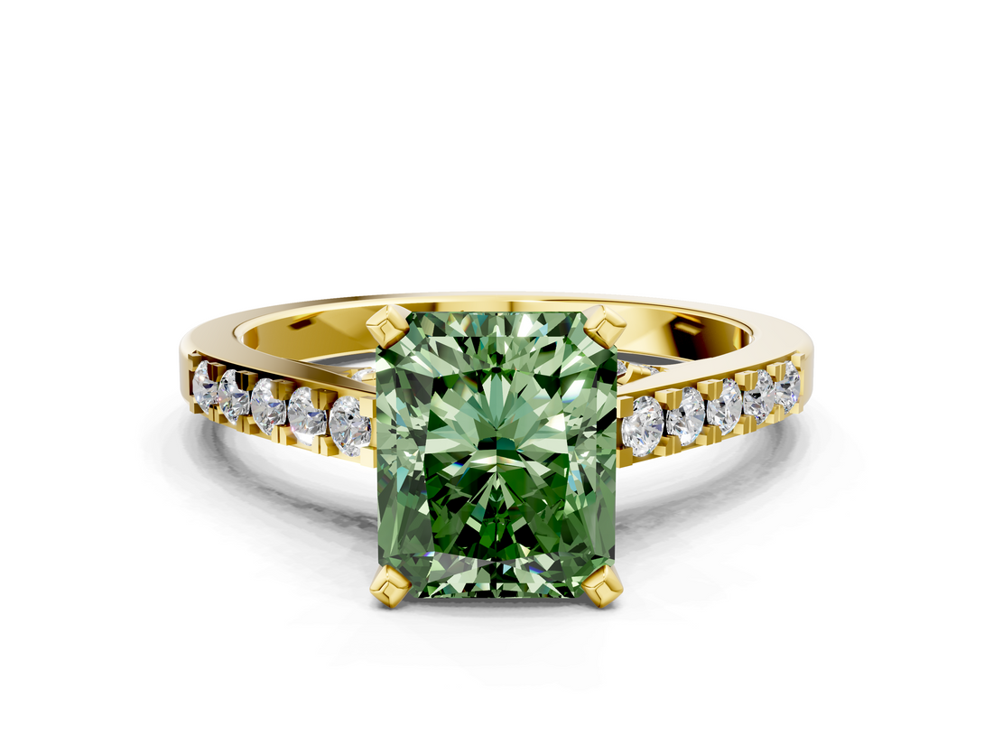 Yellow gold Fancy Green Radiant  Solitaire Diamond Ring with Pavé Band and Four-Prong Setting_76