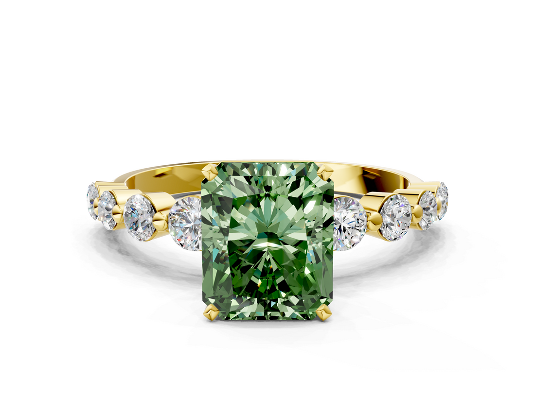 Yellow gold Fancy Green Radiant  Solitaire Diamond Ring with Pave Band and Four-Prong Setting_208