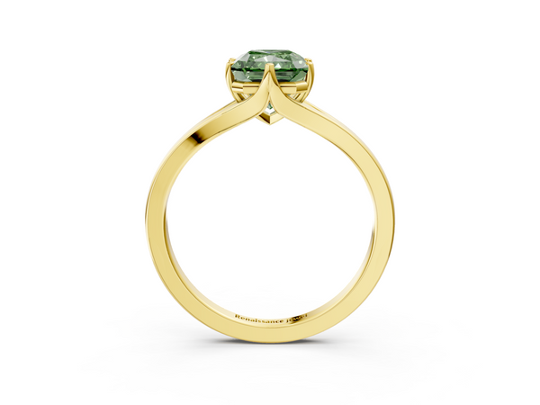 Yellow gold Fancy Green Radiant  Solitaire Diamond Ring with Six-Prong Setting and Tapered Band