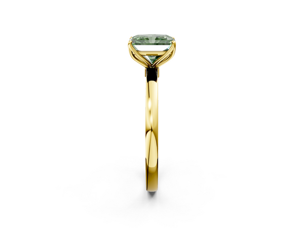 Yellow gold Fancy Green Radiant  Solitaire Diamond Ring with Thin Band and Four-Prong Setting