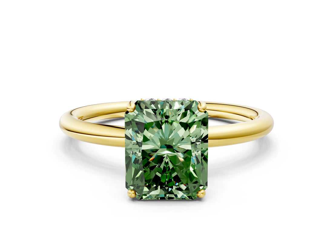 Yellow gold Fancy Green Radiant  Solitaire Diamond Ring with a Classic Band and Four-Prong Setting