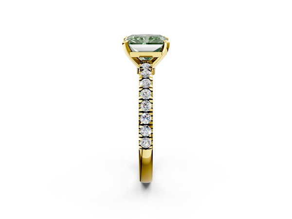 Yellow gold Fancy Green Radiant  Solitaire Diamond with Pavé Band and Four-Prong Setting
