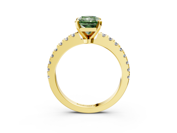 Yellow gold Fancy Green Radiant  Solitaire Diamond with Pavé Band and Four-Prong Setting