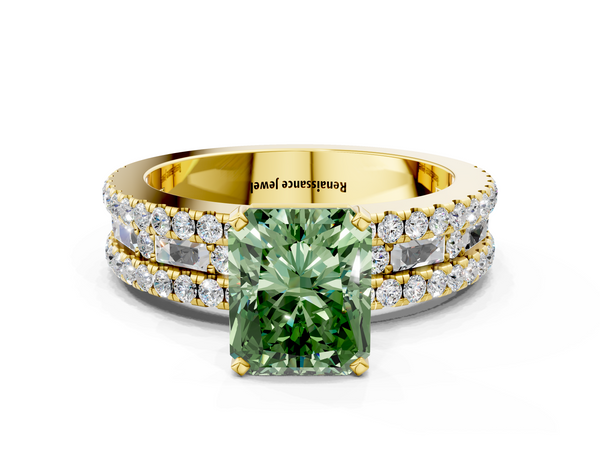 Yellow gold Fancy Green Radiant Cut Diamond Solitaire Ring with Pavé and Channel Set Band