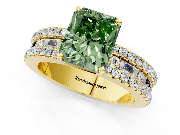 Yellow gold Fancy Green Radiant Cut Diamond Solitaire Ring with Pavé and Channel Set Band