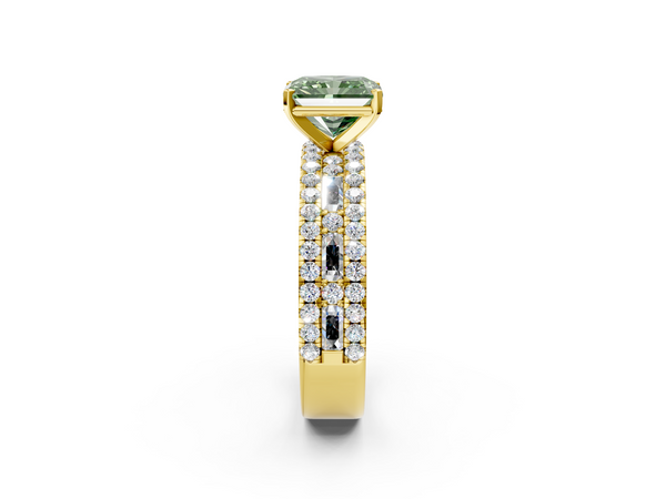 Yellow gold Fancy Green Radiant Cut Diamond Solitaire Ring with Pavé and Channel Set Band