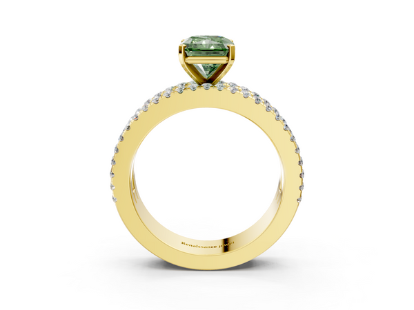 Yellow gold Fancy Green Radiant Cut Diamond Solitaire Ring with Pavé and Channel Set Band