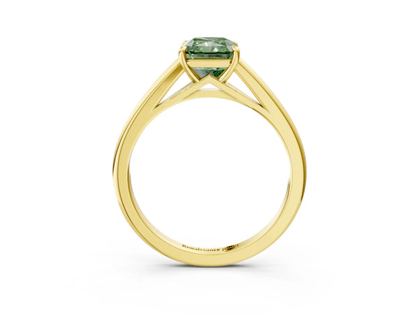Yellow gold Fancy Green Radiant  Solitaire Engagement Ring with Four-Prong Setting and Classic Band