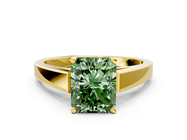 Yellow gold Fancy Green Radiant  Solitaire Engagement Ring with Four-Prong Setting and Tapered Band