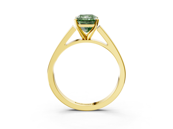 Yellow gold Fancy Green Radiant  Solitaire Engagement Ring with Four-Prong Setting and Tapered Band