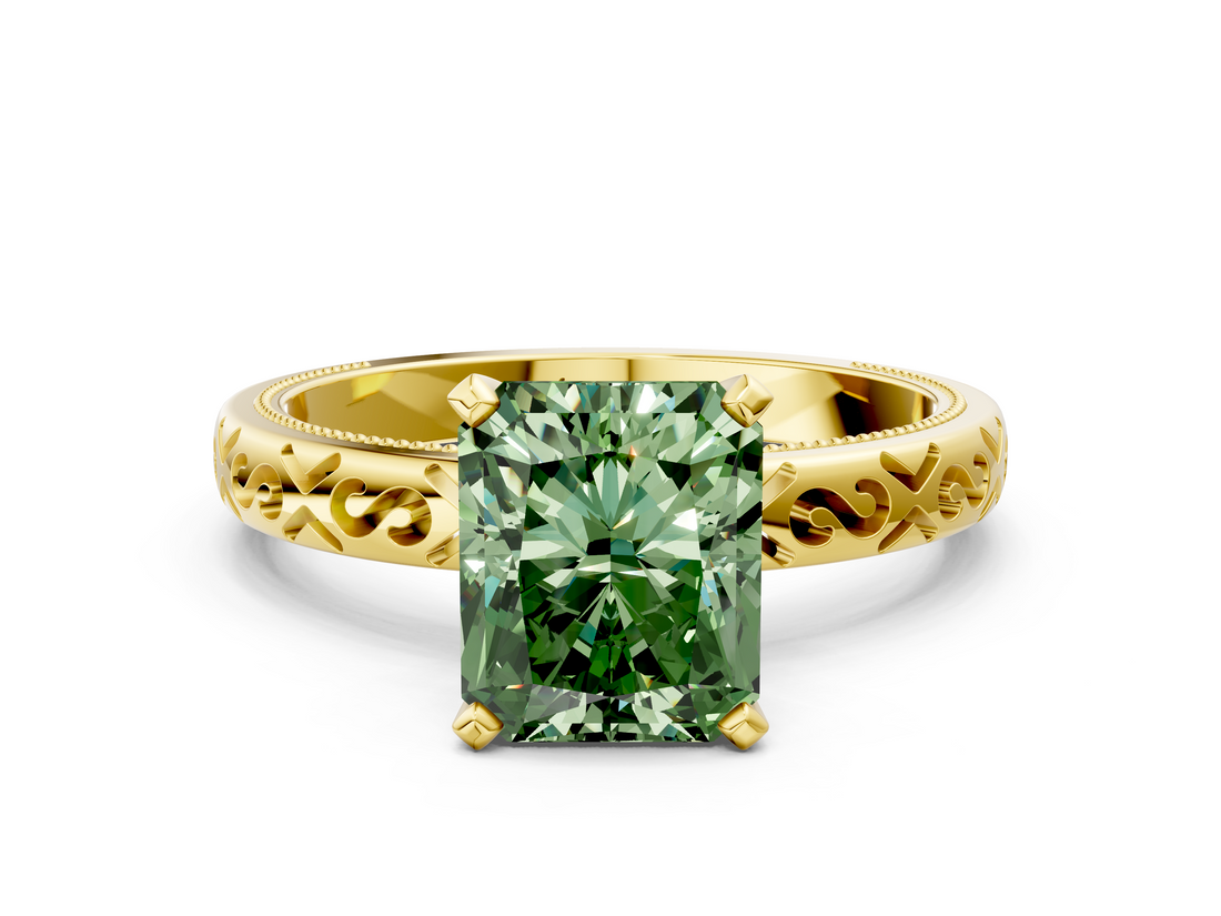 Yellow gold Fancy Green Radiant  Solitaire Engagement Ring with Scrollwork Band and Four-Prong Setting_148