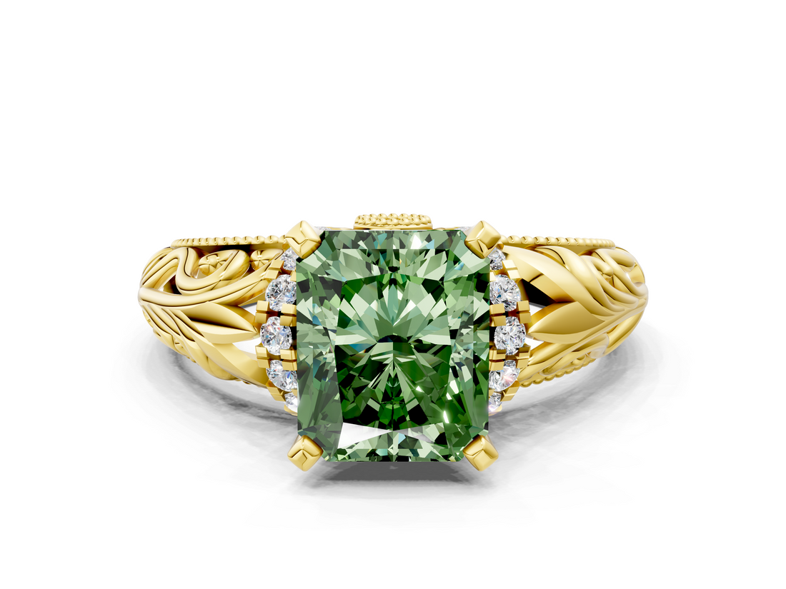 Yellow gold Fancy Green Radiant  Solitaire Filigree Engagement Ring with Halo and Prong Setting_46