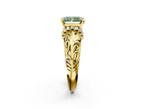 Yellow gold Fancy Green Radiant  Solitaire Filigree Engagement Ring with Halo and Prong Setting_48