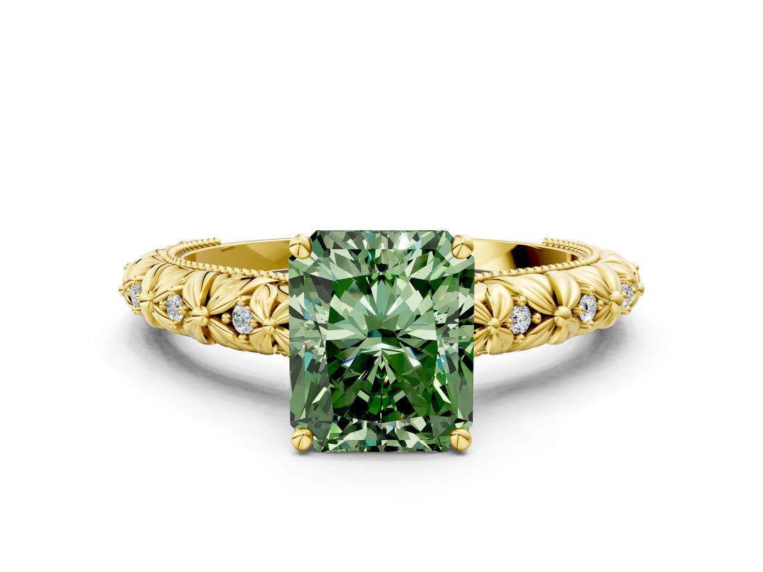Yellow gold Fancy Green Radiant  Solitaire Floral Milgrain Engagement Ring_31