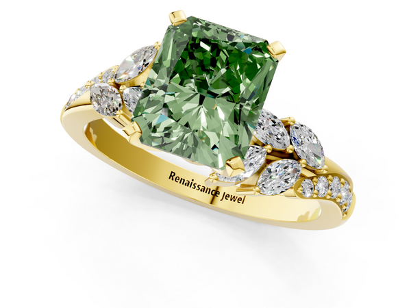 Yellow gold Fancy Green Radiant  Solitaire Marquise Twist Band with Six-Prong Setting