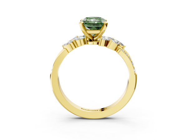 Yellow gold Fancy Green Radiant  Solitaire Marquise Twist Band with Six-Prong Setting