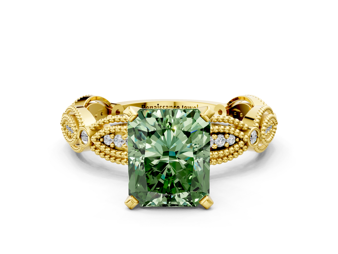 Yellow gold Fancy Green Radiant  Solitaire Milgrain Diamond Engagement Ring with Bezel and Marquise Band_126
