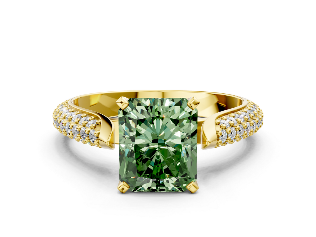 Yellow gold Fancy Green Radiant  Solitaire Pavé Diamond Engagement Ring with Four-Prong Setting_134