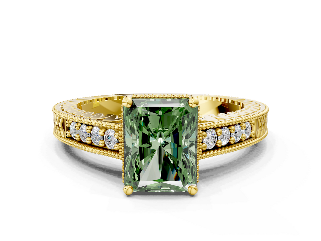 Yellow gold Fancy Green Radiant  Solitaire Pavé Diamond Milgrain Engagement Ring with Four-Prong Setting_3