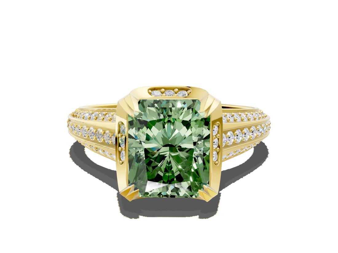 Yellow gold Fancy Green Radiant  Solitaire Pave Split Shank Ring with Four-Prong Setting_81