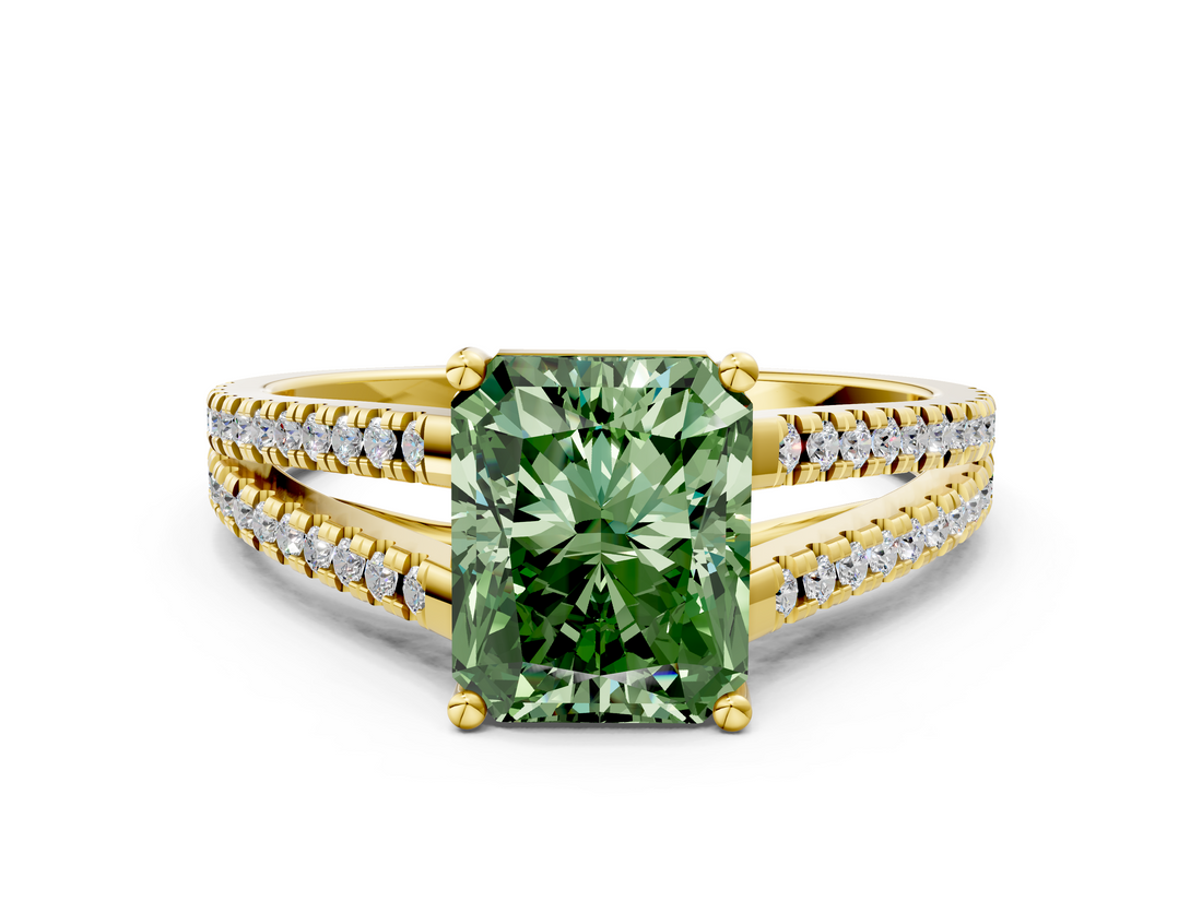 Yellow gold Fancy Green Radiant  Solitaire Split Shank Pavé Diamond Engagement Ring_370